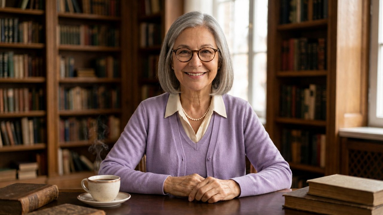 Grace, the teacher, seated at a library table with a cup of tea.