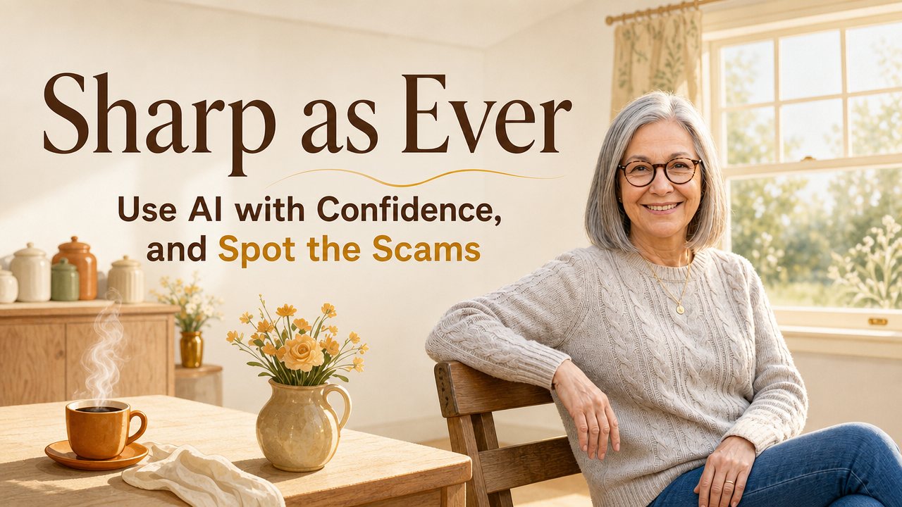 Sharp as Ever. Use AI with Confidence, and Spot the Scams. Grace seated at a sunlit kitchen table.
